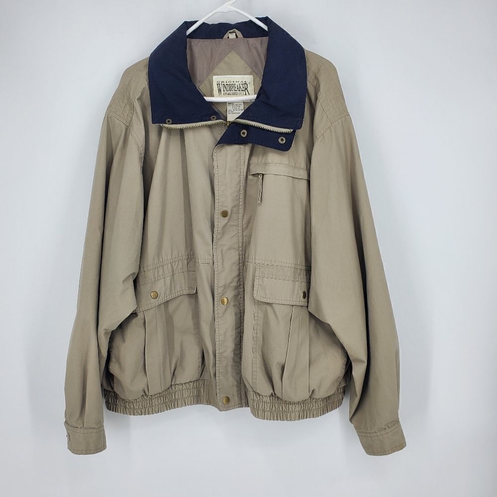 Original Windbreaker Zip Up With Hood Tan And Navy Blue Jacket Size 3X